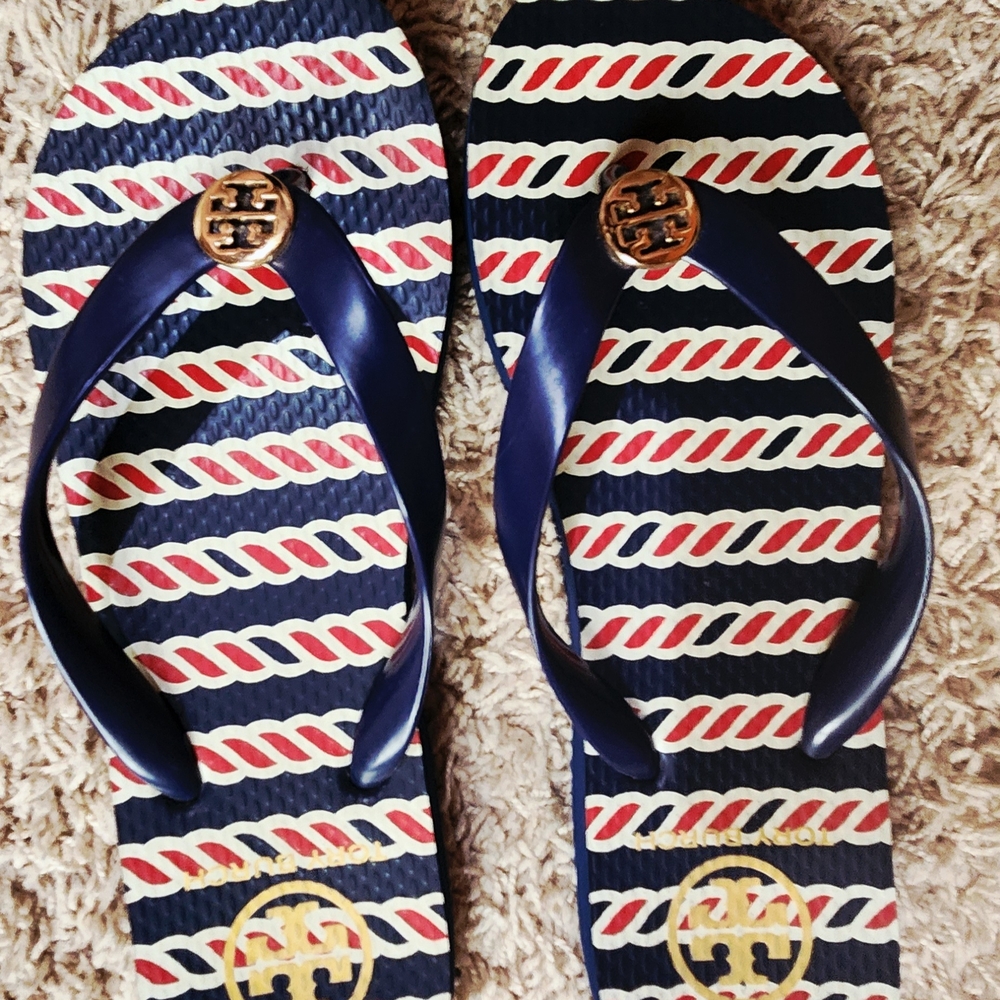 Tory Burch Navy and Red Rope Flip Flops